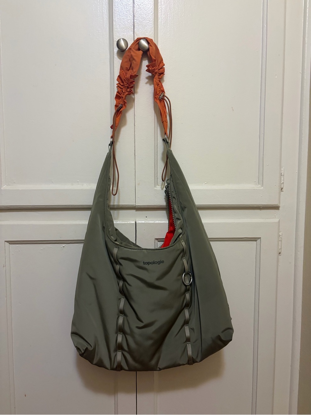 Topologie Olive Nylon Shoulder Bag with Orange Strap